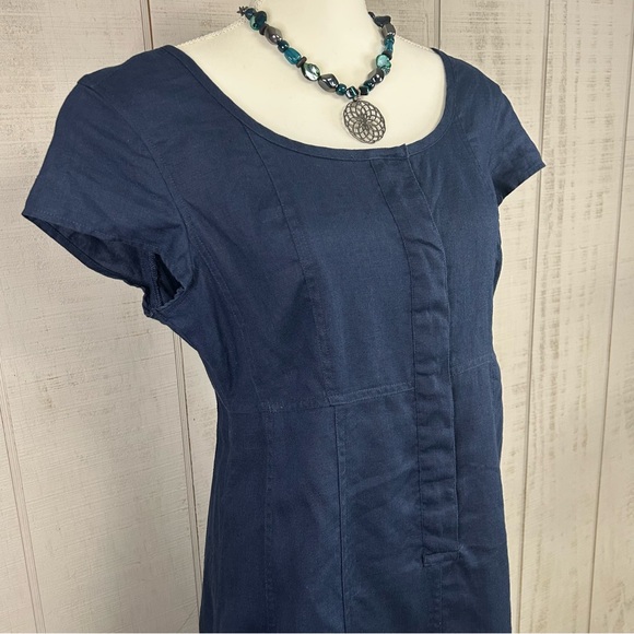 Chadwicks 100% Linen Maxi Dress Petite Size 10P Navy Lagom Minimalist Modest - Picture 3 of 7